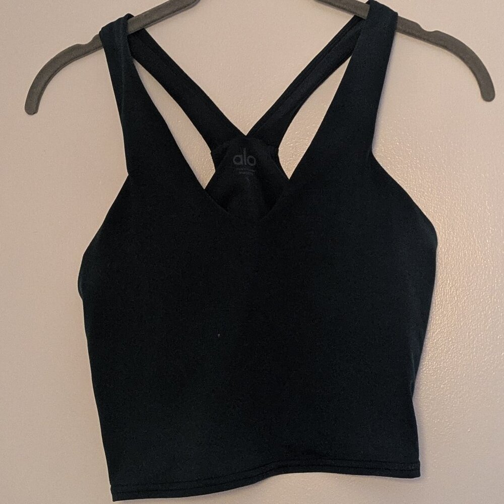 Alo Yoga Cropped Hunter Green Tank with Shelf Bra - Small